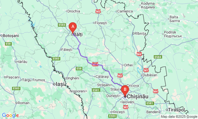 Route map Bălţi - Chișinău