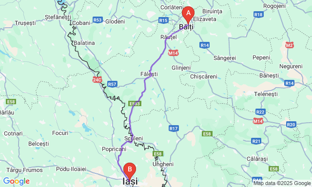 Карта маршруту Бєльці - Ясси