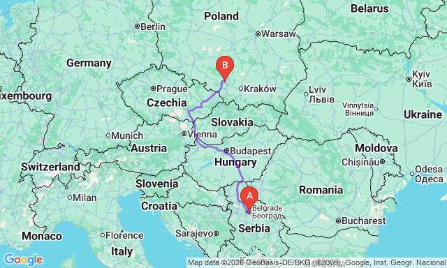 Route map Belgrade - Bytom