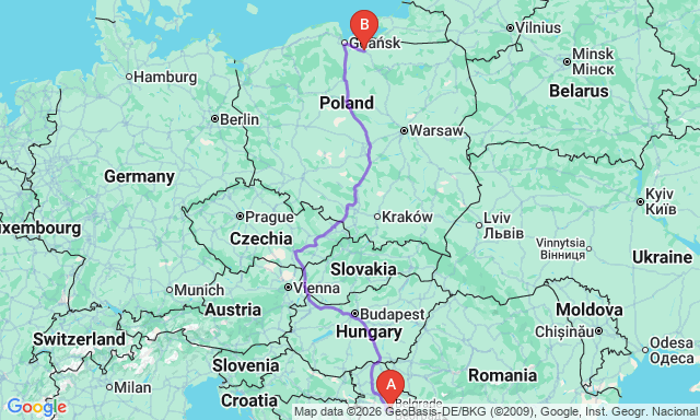 Route map Belgrade - Elblag