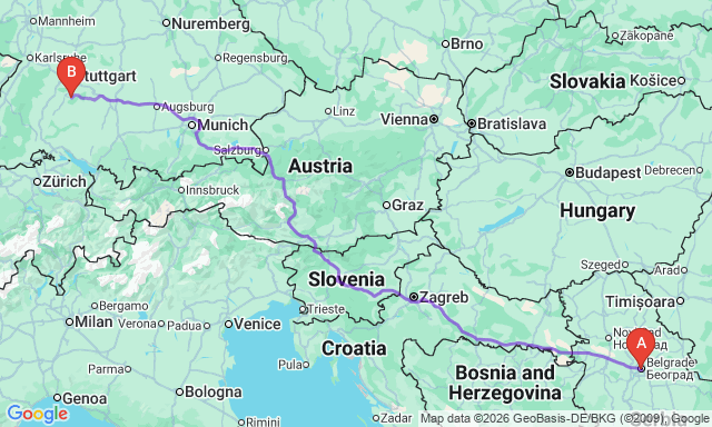 Route map Belgrade - Reutlingen