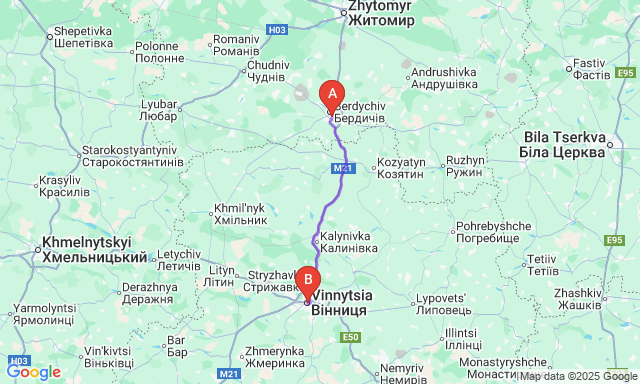 Карта маршруту Бердичів - Вінниця