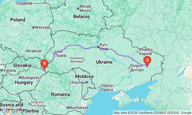 Route map Berehove - Kostyantynivka