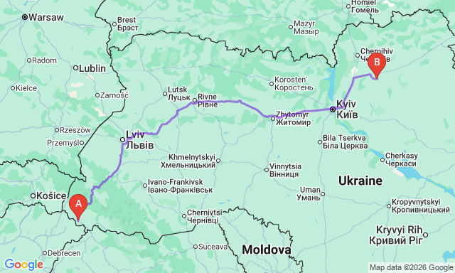 Карта маршруту Берегове - Ніжин