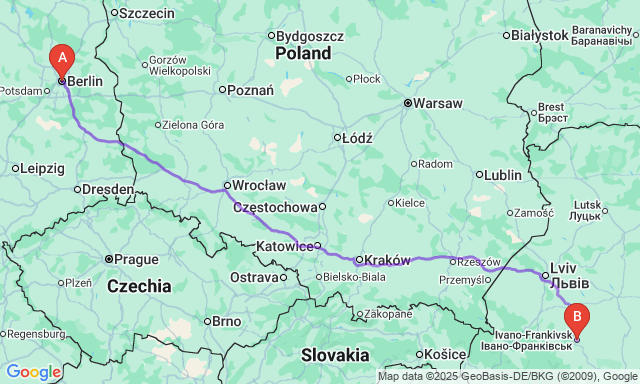 Карта маршруту Берлін - Івано-Франківськ