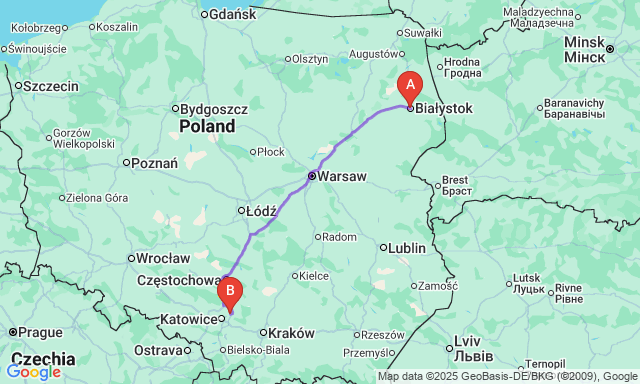 Route map Bialystok - Dąbrowa Górnicza