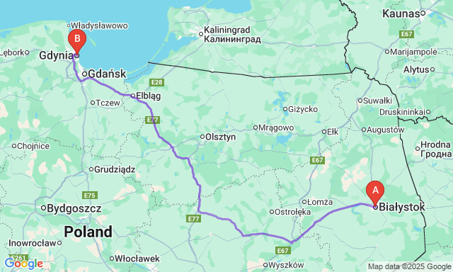 Карта маршруту Білосток - Гдиня