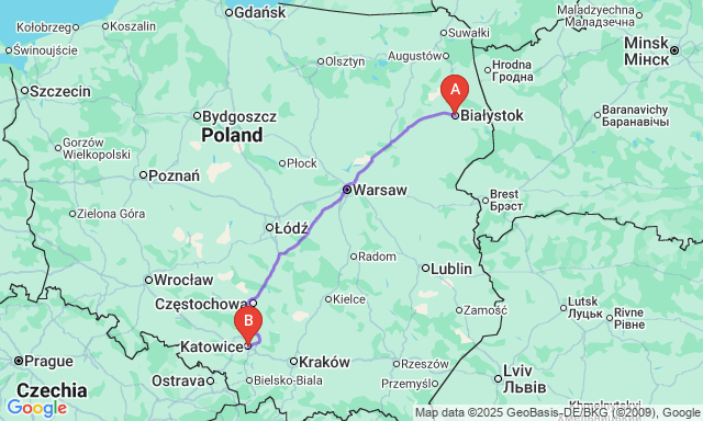 Route map Bialystok - Katowice