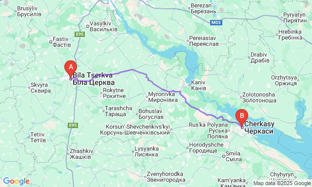 Карта маршруту Біла Церква - Черкаси