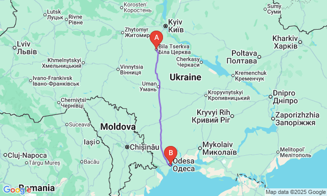 Карта маршрута Белая Церковь - Одесса