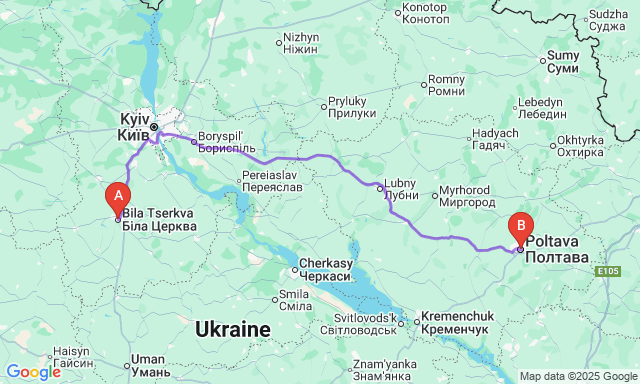 Route map Bila Tserkva - Poltava