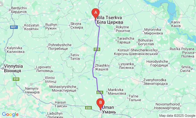 Route map Bila Tserkva - Uman