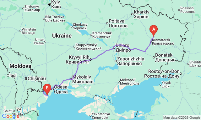 Route map Bilhorod-Dnistrovskyi - Lyman