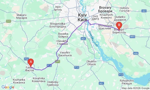 Карта маршруту Бориспіль - Фастів