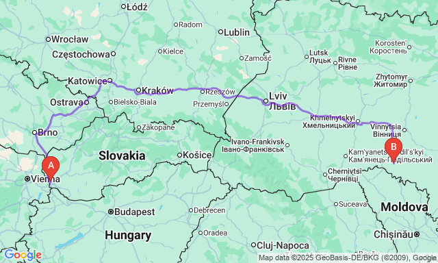 Карта маршруту Братіслава - Чернівці