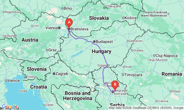 Route map Bratislava - Pančevo
