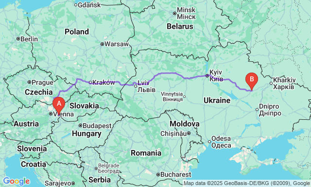 Карта маршруту Братіслава - Полтава