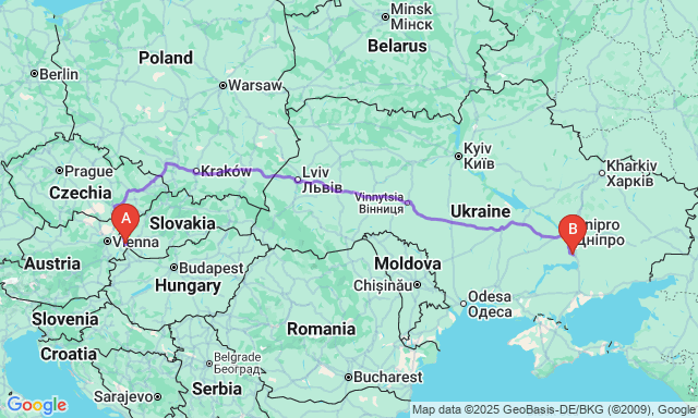 Карта маршруту Братіслава - Запоріжжя