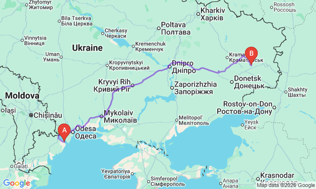 Route map Brianka - Bilhorod-Dnistrovskyi