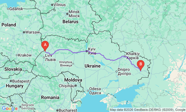 Карта маршрута Брянка - Червоноград
