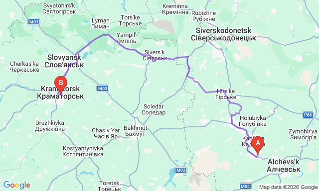 Route map Brianka - Kramatorsk