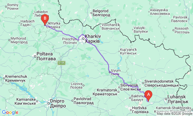 Карта маршруту Брянка - Охтирка