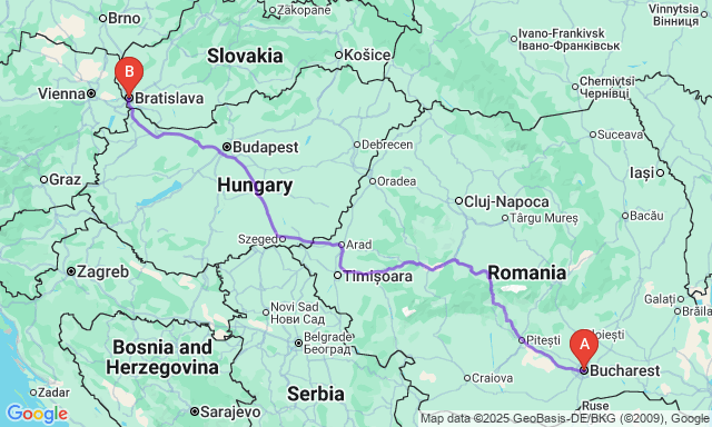 Карта маршруту Бухарест - Братіслава