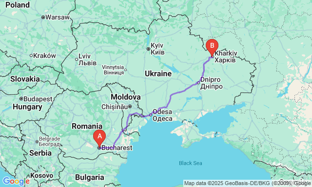 Карта маршруту Бухарест - Харків