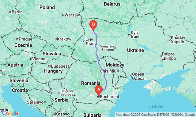 Карта маршруту Бухарест - Луцьк