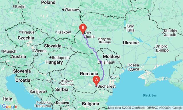 Карта маршруту Бухарест - Львів