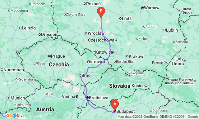 Route map Budapest - Kalisz