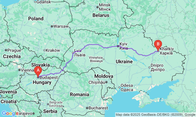 Карта маршруту Будапешт - Харків
