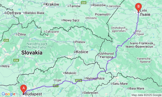 Карта маршруту Будапешт - Львів