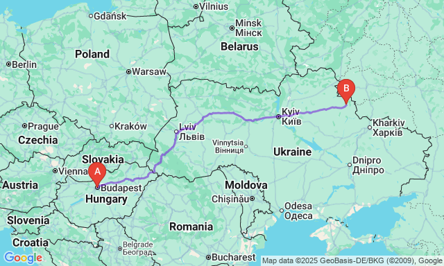 Карта маршруту Будапешт - Суми