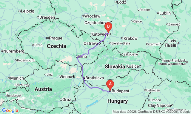 Route map Budapest - Świętochłowice