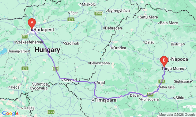 Карта маршруту Будапешт - Турда