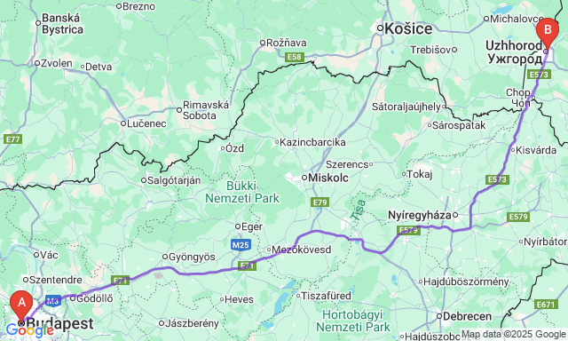 Карта маршруту Будапешт - Ужгород