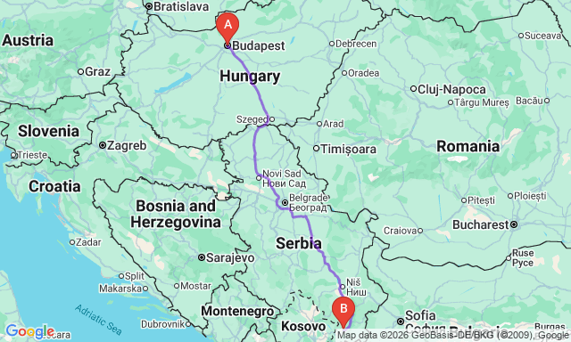 Карта маршруту Будапешт - Вранє