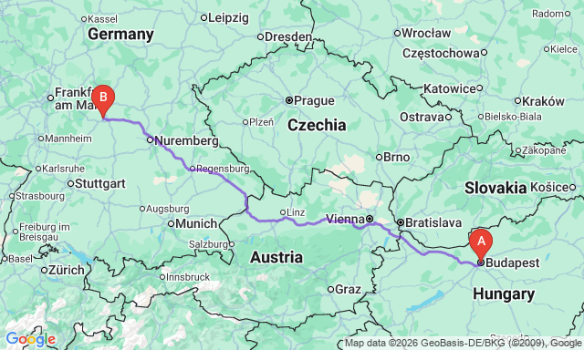 Route map Budapest - Würzburg