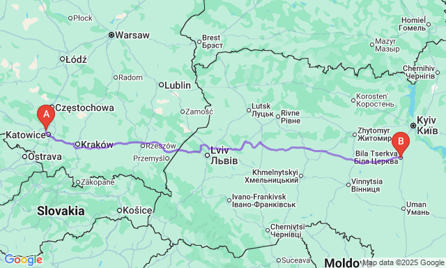 Карта маршруту Битом - Біла Церква