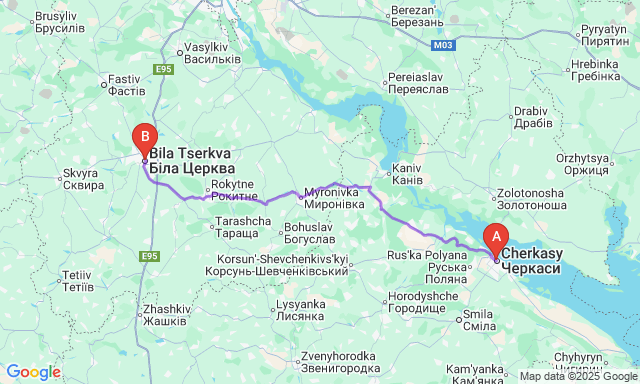 Карта маршруту Черкаси - Біла Церква