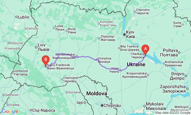 Карта маршруту Черкаси - Івано-Франківськ