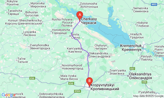 Карта маршруту Черкаси - Кропивницький