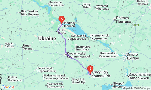 Карта маршруту Черкаси - Кривий Ріг