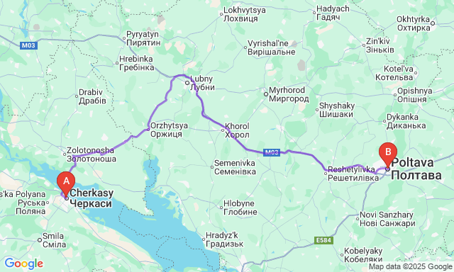 Карта маршруту Черкаси - Полтава