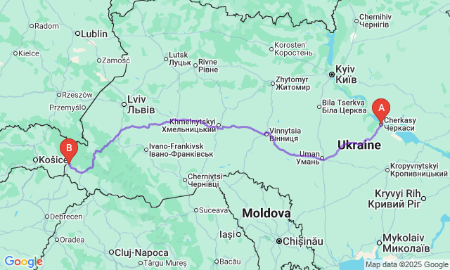 Карта маршруту Черкаси - Ужгород