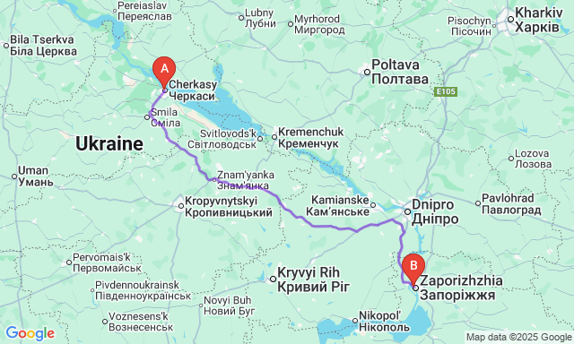 Карта маршруту Черкаси - Запоріжжя