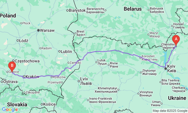 Карта маршруту Чернігів - Катовіце