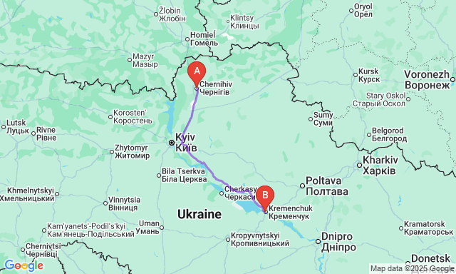 Карта маршруту Чернігів - Кременчук
