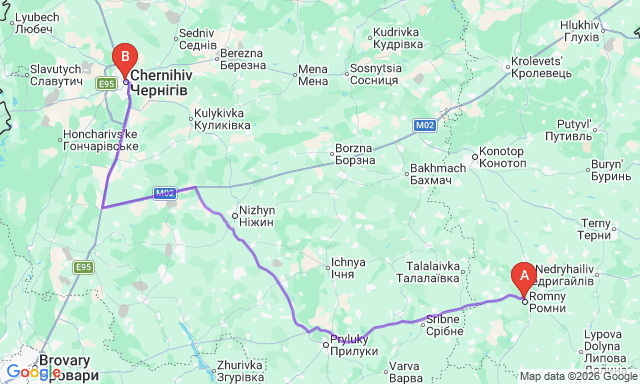 Карта маршрута Чернигов - Ромни